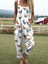 Women's Funny Farm Chicken Pattern Casual Cotton Linen Wide Leg Jumpsuit